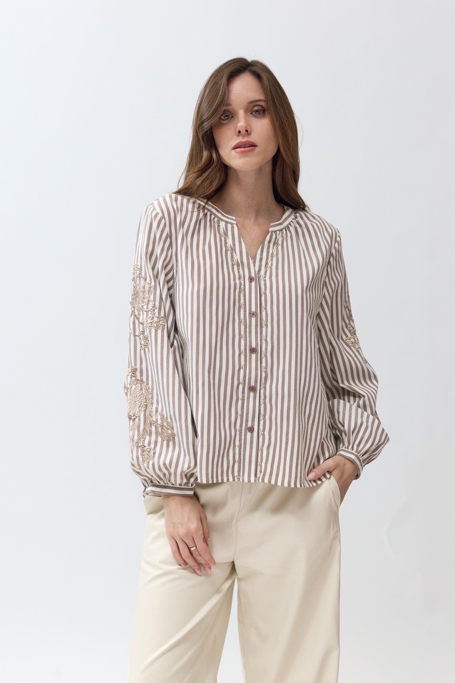 Chemise à Rayures | Broderie Taupe
