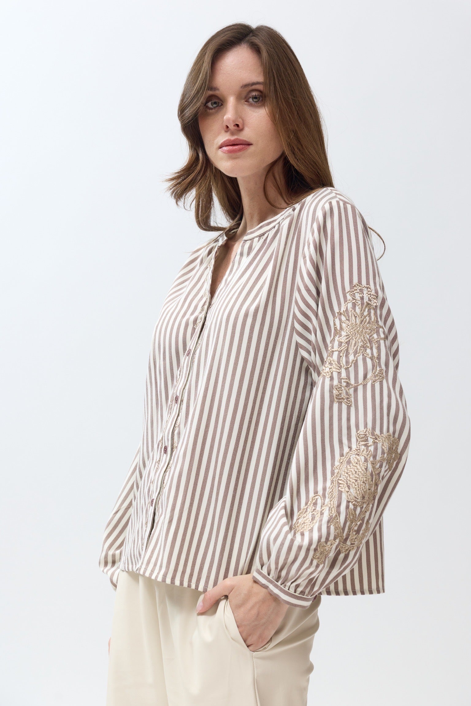 Chemise à Rayures | Broderie Taupe