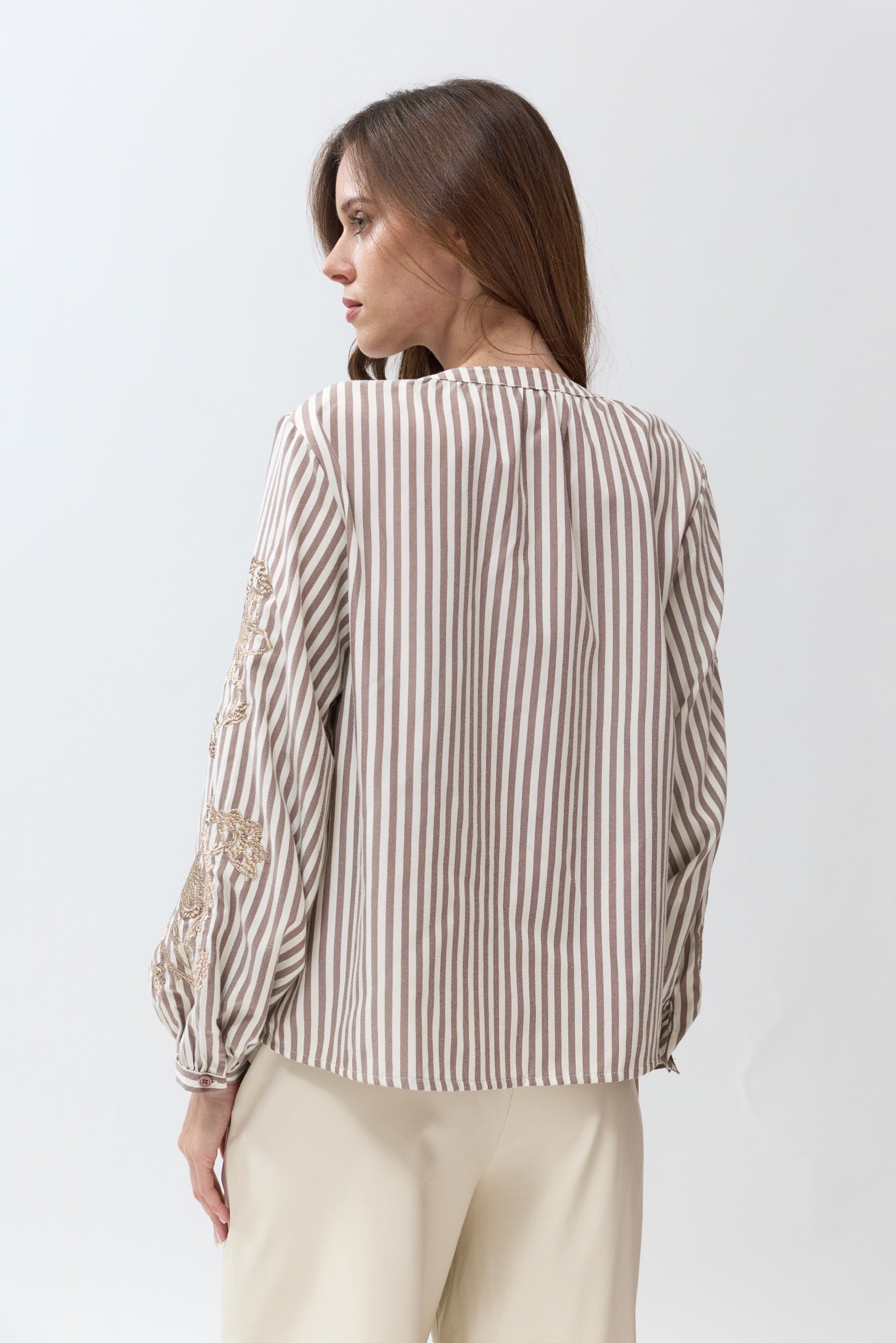 Chemise à Rayures | Broderie Taupe